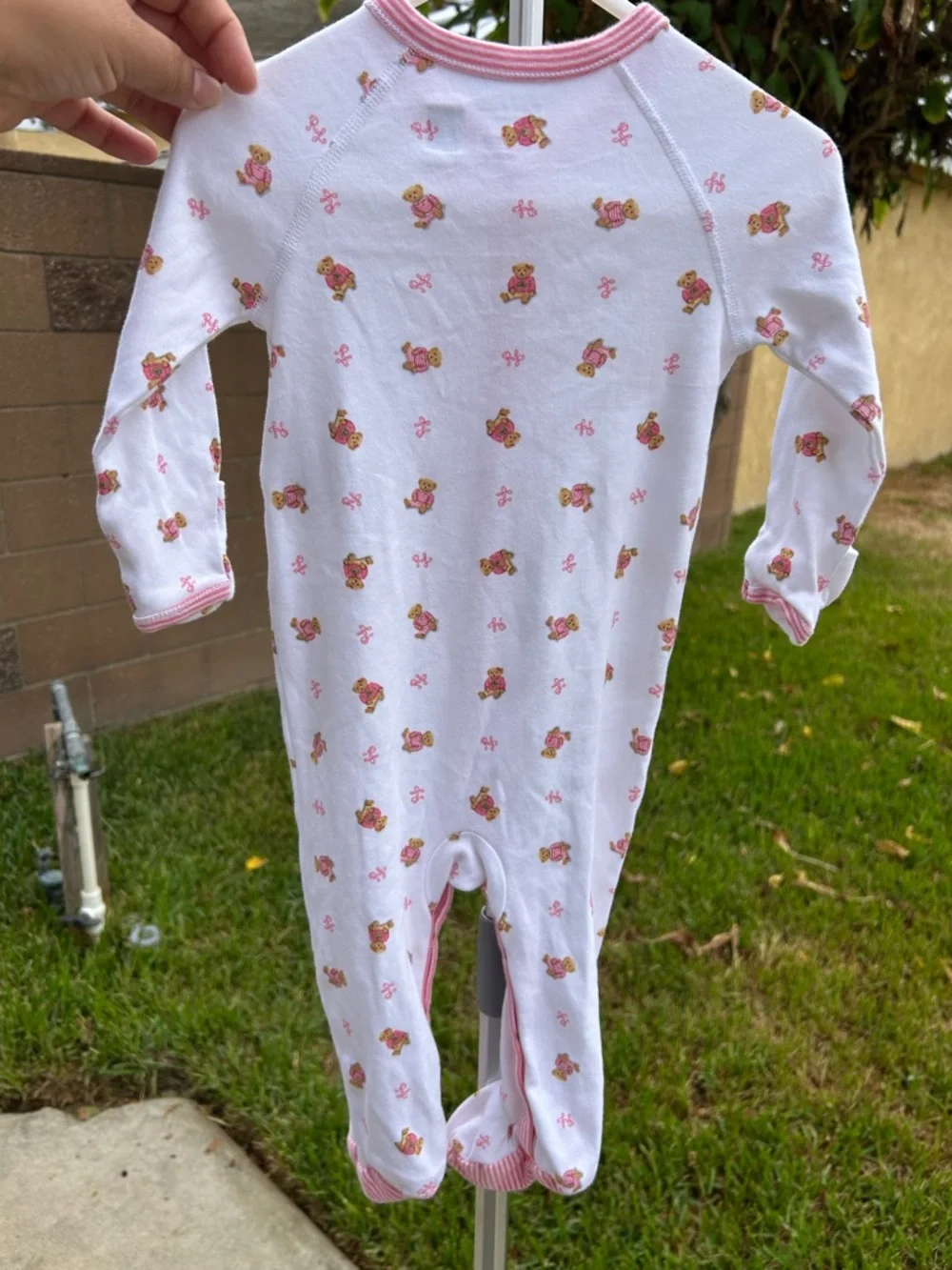 Ralph Lauren White Footed One-Piece with Pink Trim and Floral Bear Print